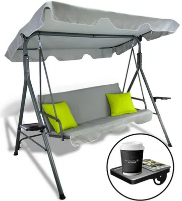 Obrázok produktu pre 3xEliving LYON Hollywood Swing, záhradná hojdačka sivá so svetlozelenými vankúšmi a držiakom na poháre (š 170 cm x v 153 cm x h 110 cm)