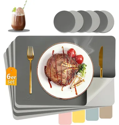 Produktbild von Tischsets Abwaschbar Lederoptik Hitzebeständig 6er Set Anthrazit+Hellgrau 43x30cm inkl. Untersetzer