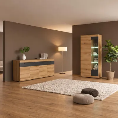 Produktbild von Esszimmer-Set mit Sideboard & Vitrinenschrank, inkl. Beleuchtung, in Eiche mit Graphit, 2-teilig - SANZA-61
