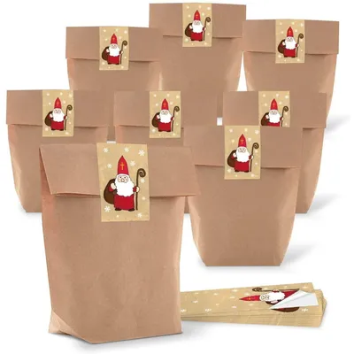 Produktbild von Kraftpapiertüten mit Boden 16,5 x 26 x 6,6 cm mit Nikolaus-Aufkleber50 Stück