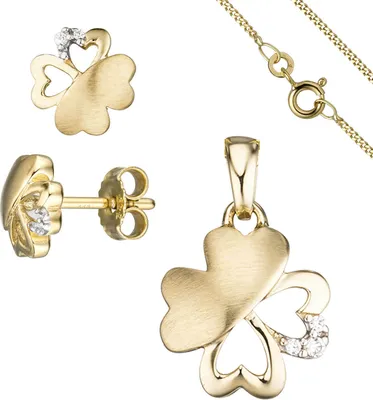 Produktbild von Schmuck-Set Kleeblatt aus 333 Gold Gelbgold 7 Zirkonia Ohrringe und Kette 45cm