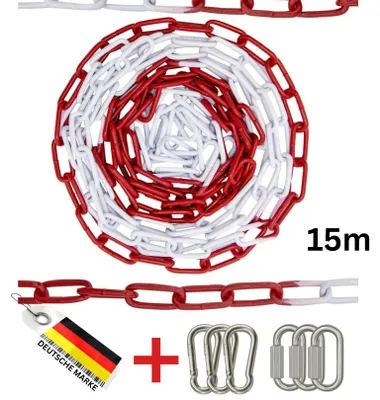 Zdjęcie produktu dla FAMEX, 15-metrowa metalowa bariera z łańcucha – średnica ogniwa: 5 mm – czerwono-biała, wykonana ze stali ocynkowanej – zawiera karabińczyki i element umożliwiający szybkie odblokowanie – odporna na warunki atmosferyczne, idealna na budowy i parkingi