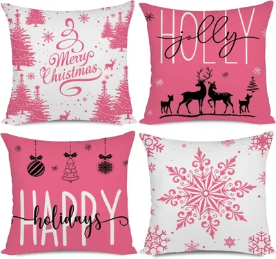 Produktbild von Red Christmas Kissenbezüge 45x45 - Set von 4 dekorativen Wurfkissenbezügen mit Schneeflocken für festliche Couchdekoration