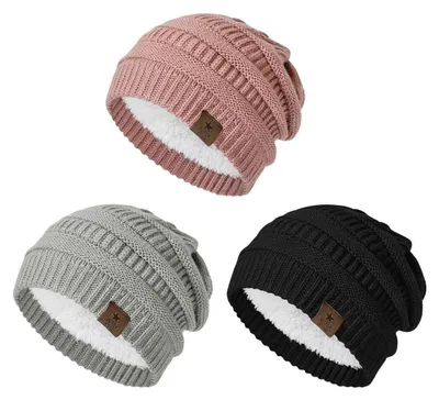 Produktbild von Strickmütze Damen Winter Grobstrick Beanie mit Fleece-Innenfutter 3er Set