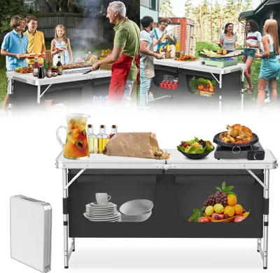 Image de LARS360 Set de cuisine de camping robuste en aluminium (120x47x68cm) - Station de cuisson pliable pour l'extérieur avec compartiments de rangement