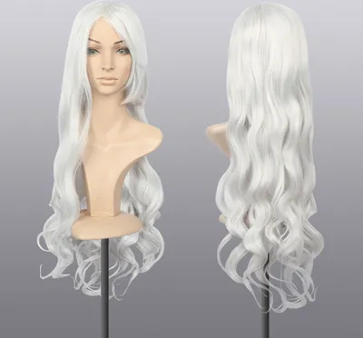 Produktbild von 80cm Karneval Perücke Weiß Lang Voll Cosplay, Lockig Wellig Fashion Kostüme Damen Haarteil Cosplay Wig für Alltag, Party Perücke Lang,Halloween Weihnachten