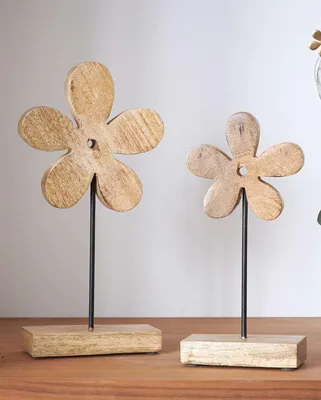 Produktbild von 2x Dekofigur "Blume" aus Mango Holz, 25 + 30 cm hoch, Tischdeko, Holzdeko