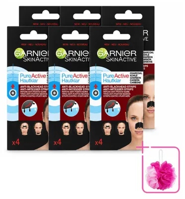 Produktbild von 6 x Garnier Pure Active Anti-Mitesser-Strips - Aktivkohle - Nase, Stirn & Kinn - Sparpackung - 6 Stücke