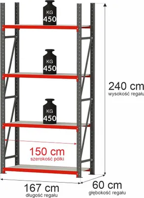 Zdjęcie produktu dla Regał metalowy magazynowy warsztatowy 4-półkowy Mega-M FORTIS 240x167x60 cm moduł bazowy wciskany 1800kg