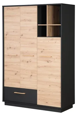 Produktbild von roba Kleiderschrank 'Lenn' 3-türig - in Anthrazit / Holzdekor 'Artisan Eiche' - Inkl. Schublade, offenem Fach & Griffen aus massiver Eiche