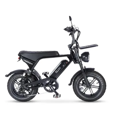 A black electric fatbike is shown against a white background.