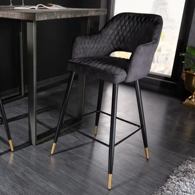 Produktbild von Eleganter Barhocker PARIS grau Samt mit Ziersteppung und goldene Fußkappen