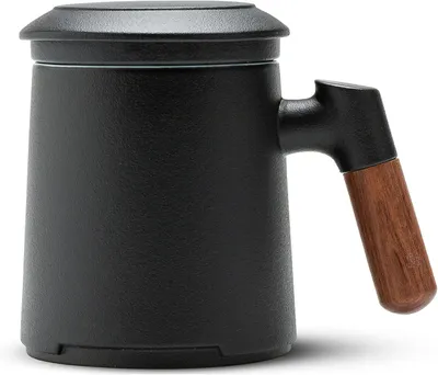 Produktbild von Teetasse mit Deckel und Sieb - 360ml - Teebecher mit Sieb, Holzgriff Teebecher, Keramik Teetassen Geschenke für Teeliebhaber, Schwarz