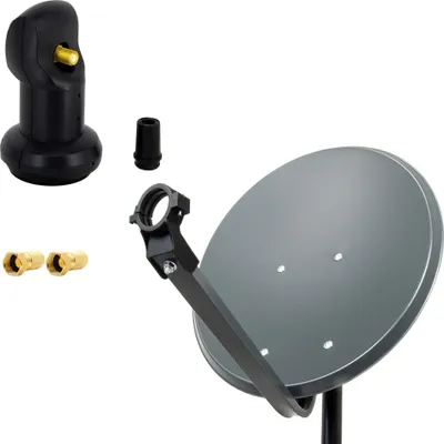 A collection of satellite dish components arranged on a white background.