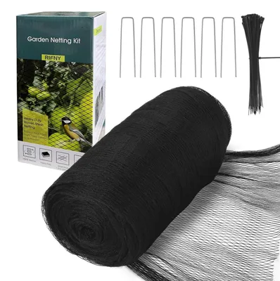 Image de Filet de protection pour oiseaux, dimensions 4x12 mètres, mailles fines, résistant aux UV, inclut 6 piquets d'ancrage et 100 attaches de câble