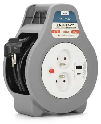 Productafbeelding van Montis verlengsnoer voor thuisgebruik, opgerold, met USB, 10 meter, model MT188, met 2 stopcontacten