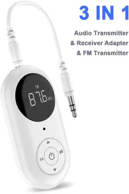 Productafbeelding van 3-in-1 Bluetooth-adapter met AUX- en FM-functie, 5.3 Bluetooth-audio-ontvanger en -zender, 3,5 mm AUX draadloze stereo-luidsprekeradapter met microfoon voor hoofdtelefoons, luidsprekers en televisies