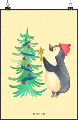 Produktbild von Mr. & Mrs. Panda Bild Pinguin Weihnachtsbaum DIN A2 - Gelb Pastell - Geschenk, wanddeko, Winter, Weihnachten, Poster, Plakat, Wandbild, drucke