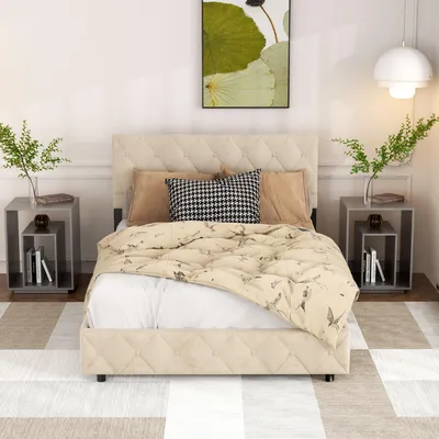 A bedroom scene with a bed, nightstands, and artwork.