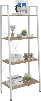 A white and wood-grain ladder shelf with various decorative items and books on its shelves.