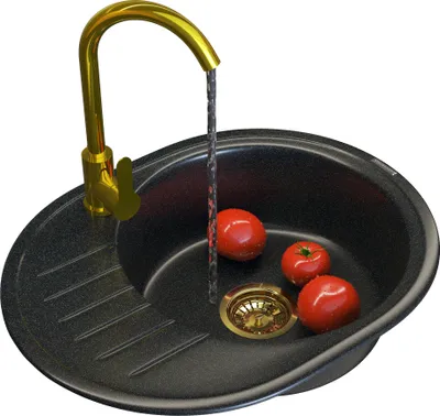 Zdjęcie produktu dla Granitan | Zlewozmywak granitowy – czarny – 59 x 46 cm – owalny zlewozmywak kuchenny – bateria mieszająca PRESTIGE – z ociekaczem – LUXOR