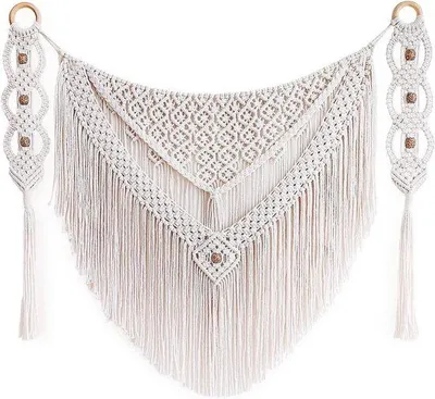 Produktbild von Unyqoos® Makramee-Wandbehang Boho – elfenbeinfarbene Wandkunst, Holzstange 43,2 cm, Gesamtlänge 28\"