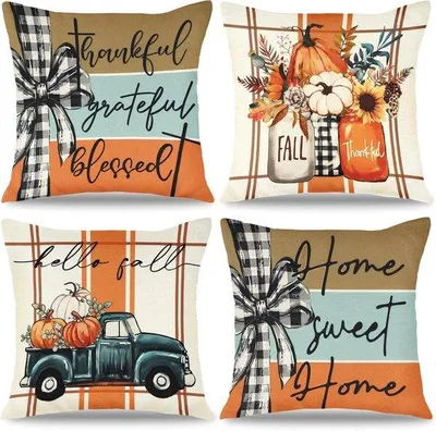 Produktbild von Famanu Kissenhüllen Set 4 Stück 45x45 cm - Herbstdesign mit Kürbis und Ahornblatt
