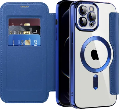 Immagine prodotto di Custodia per iPhone 12 Pro compatibile con MagSafe, custodia trasparente con portacarte, custodia in pelle con protezione della fotocamera blu