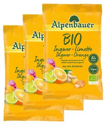 Zdjęcie produktu dla Alpenbauer– cukierki imbirowo-limonkowe i imbirowo-pomarańczowe, 90 g, opakowanie zawierające 3 sztuki