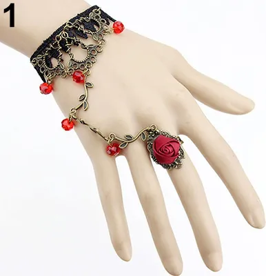 Produktbild von Retro Gothic Frauen Spitze Blume Hand Slave Harness Armband Kette Ring Schmuck-Rot