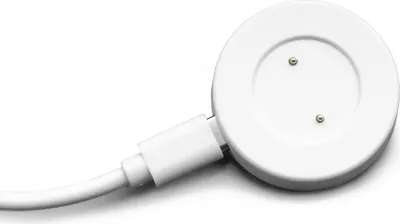 A white circular smartwatch charger with a white USB cable attached, shown against a white background.