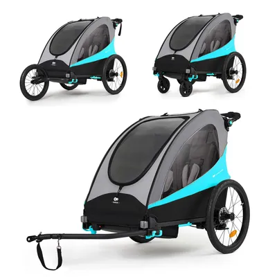 Zdjęcie produktu dla Kinderkraft NAVA 3w1 - Przyczepka rowerowa, jogger i wózek do 60 kg, opony pneumatyczne, zawieszenie, składana, dla 1-2 dzieci, niebieska