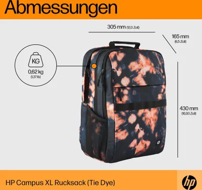 Immagine prodotto di Zaino HP Campus XL, Tie Dye (16,1 pollici, copertura antipioggia, 7J593AA), Colore:Colorato