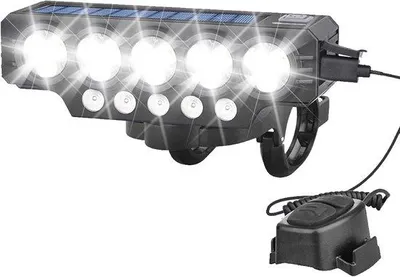 Immagine prodotto di VHV - Luci per bicicletta a energia solare - Faro anteriore per bicicletta con clacson - Faro a LED ricaricabile tramite USB con clacson - Adatto per mountain bike, e-bike e uscite serali