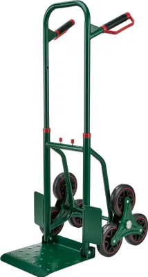 A green stair-climbing hand truck with red accents and black wheels, shown from a three-quarter front angle against a white background.