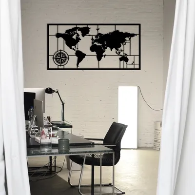 Produktbild von Wallity, World Map Metal Decor 7, Wanddeko, Schwarz, Metall, 121 x 60 cm