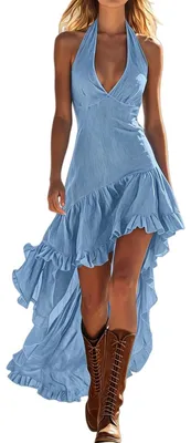 Imagen del producto de Elzusha - Vestido halter para mujer, sin mangas, con escote en V y volantes