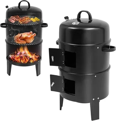 Immagine prodotto di Forno affumicatore 3 in 1: barbecue, affumicatore, griglia a carbone. Affumicatore a botte con coperchio e termometro, griglia da giardino, griglia rotonda. Barbecue affumicatore con 40 cm di diametro e 3 ripiani