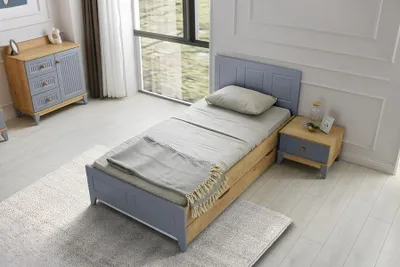 Produktbild von Set Bett Nachttisch Kommode Modernes Design Stilvolles Kinderzimmer 3-teilig