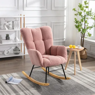 Image de OKWISH Fauteuil à Bascule en Tissu Polaire Teddy Rose - Fauteuil Relax avec Accoudoirs et Siège Rembourré, Style Médiéval Moderne