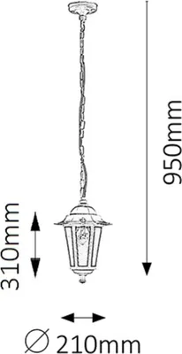 A technical drawing of a hanging lamp with dimensions indicated.