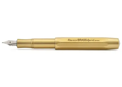 A brass fountain pen on a white background.