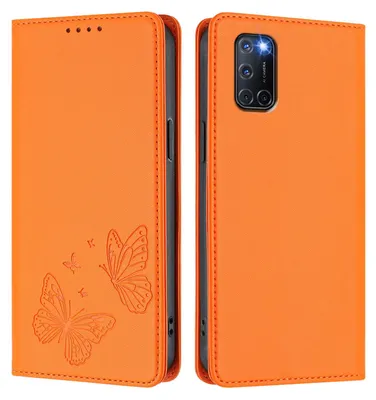 Image de Étui en cuir pour Oppo A52 / A92 / A72 4G, motif papillon, étui à rabat avec porte-étui, couleur orange