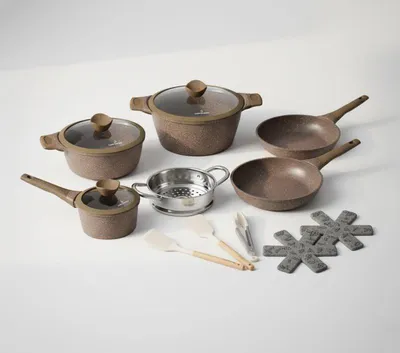Obrázok produktu pre Súprava hrncov a panvíc Just Perfecto JL-26, 14 cm, liatina, mramorová povrchová úprava, indukcia, parný hrniec, príslušenstvo, hnedá