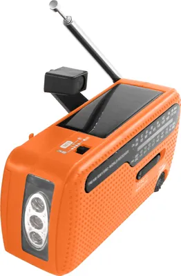 An orange emergency radio with a solar panel and antenna is shown against a white background.