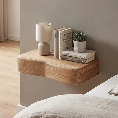 Immagine prodotto di WOHNLING Comodino sospeso in legno massello di acacia 40 cm Comodino da parete Cassetto Comodino sospeso Camera da letto Mensola moderna fatta a mano