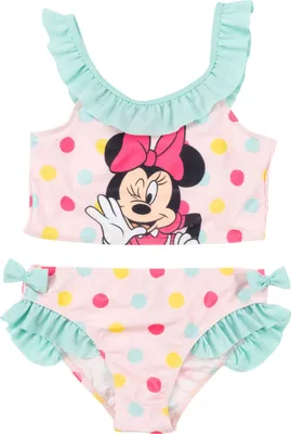 Produktbild von Disney Minnie Mouse Bikini mit Rüschen für Mädchen - Kinder Zweiteiler Schwimmanzug Rosa/Türkis, Größe:122-128