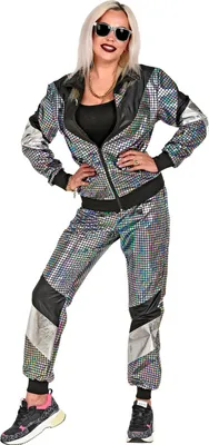 A woman wearing an 80s-style tracksuit.