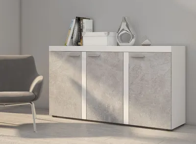 Produktbild von Kommode RUMBA 3D mit 3 Türen 149x82x41 Wohnzimmer Sideboard Beton/Weiß