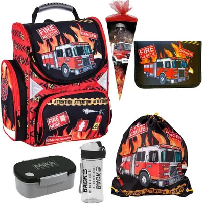 Produktbild von Feuerwehr Firefighters Schulranzen Grundschule ergonomischer Ranzen Federmappe Federtasche Federmäppchen ohne Inhalt Turnbeutel Brotdose Trinkflasche Zuckertüte 6er Set Fire
